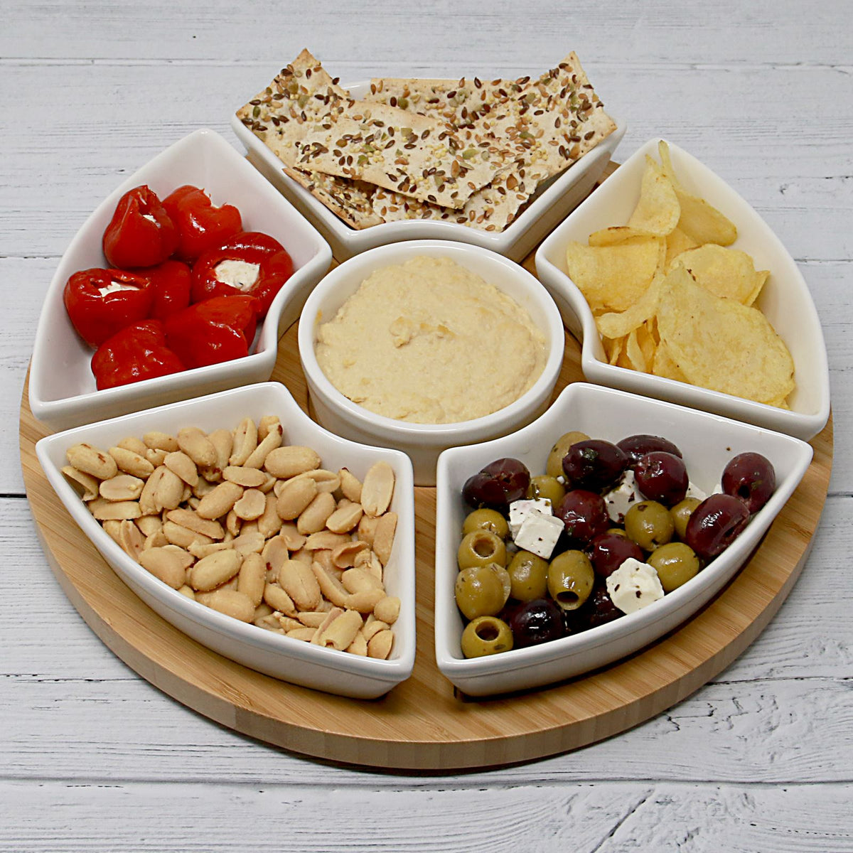 Bamboo Rotating Dip Set — Six Ceramic Bowls