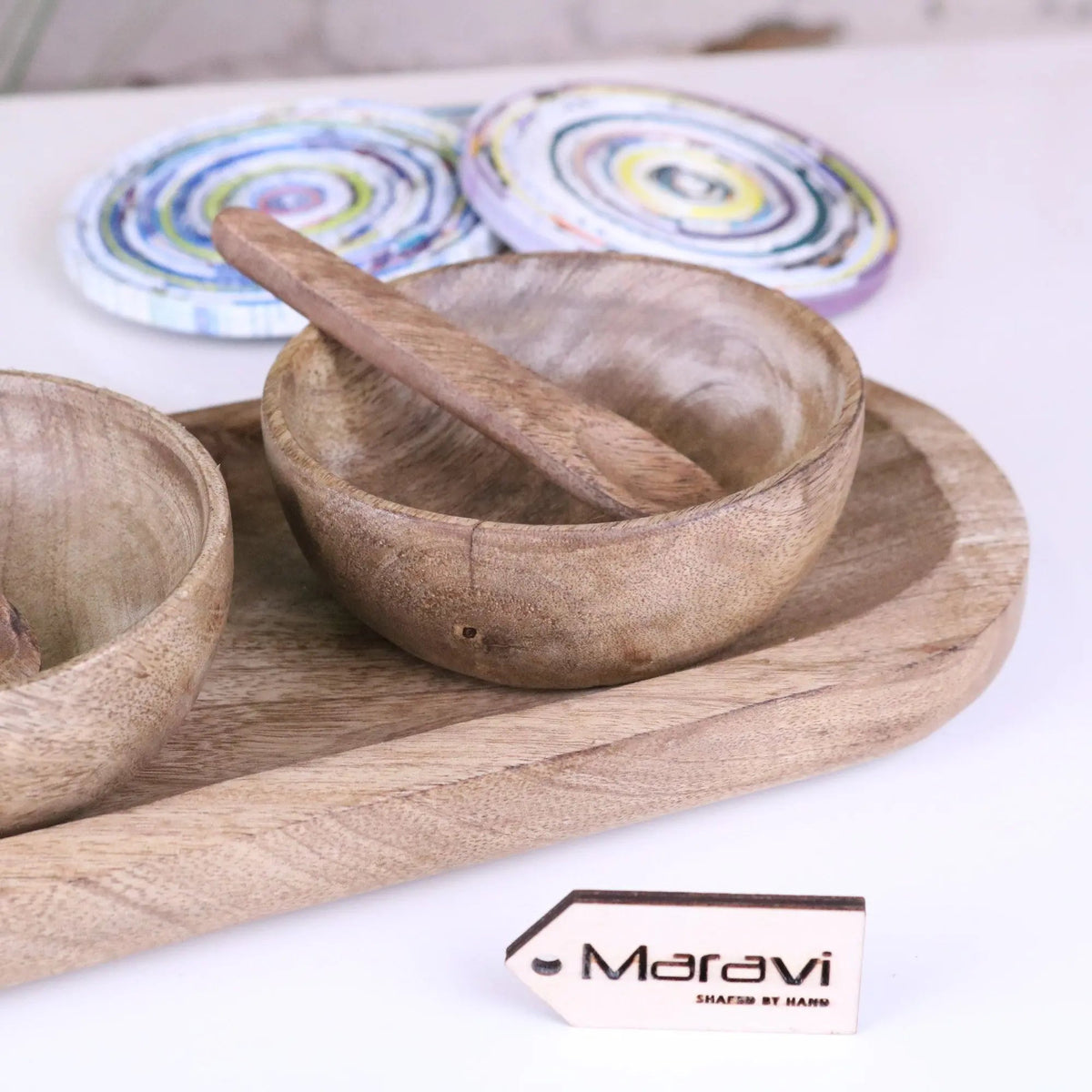 Karuna Mango Wood Serving Bowls & Tray — Set of 3