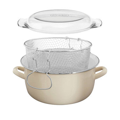 Telo Cream Enamel Fryer Pan with Basket and Lid