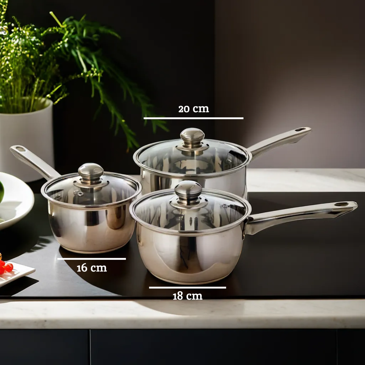 Crosse Stainless Steel Saucepans with Glass Lids — Set of 3