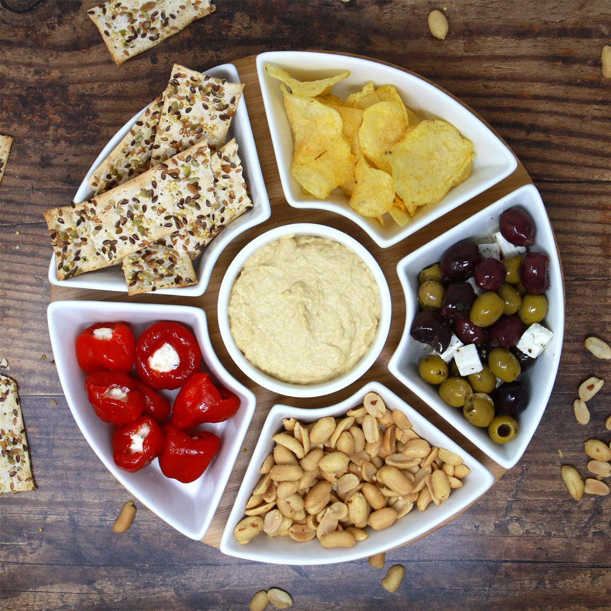 Bamboo Rotating Dip Set — Six Ceramic Bowls