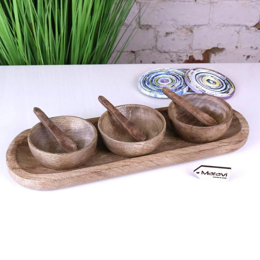 Karuna Mango Wood Serving Bowls & Tray — Set of 3