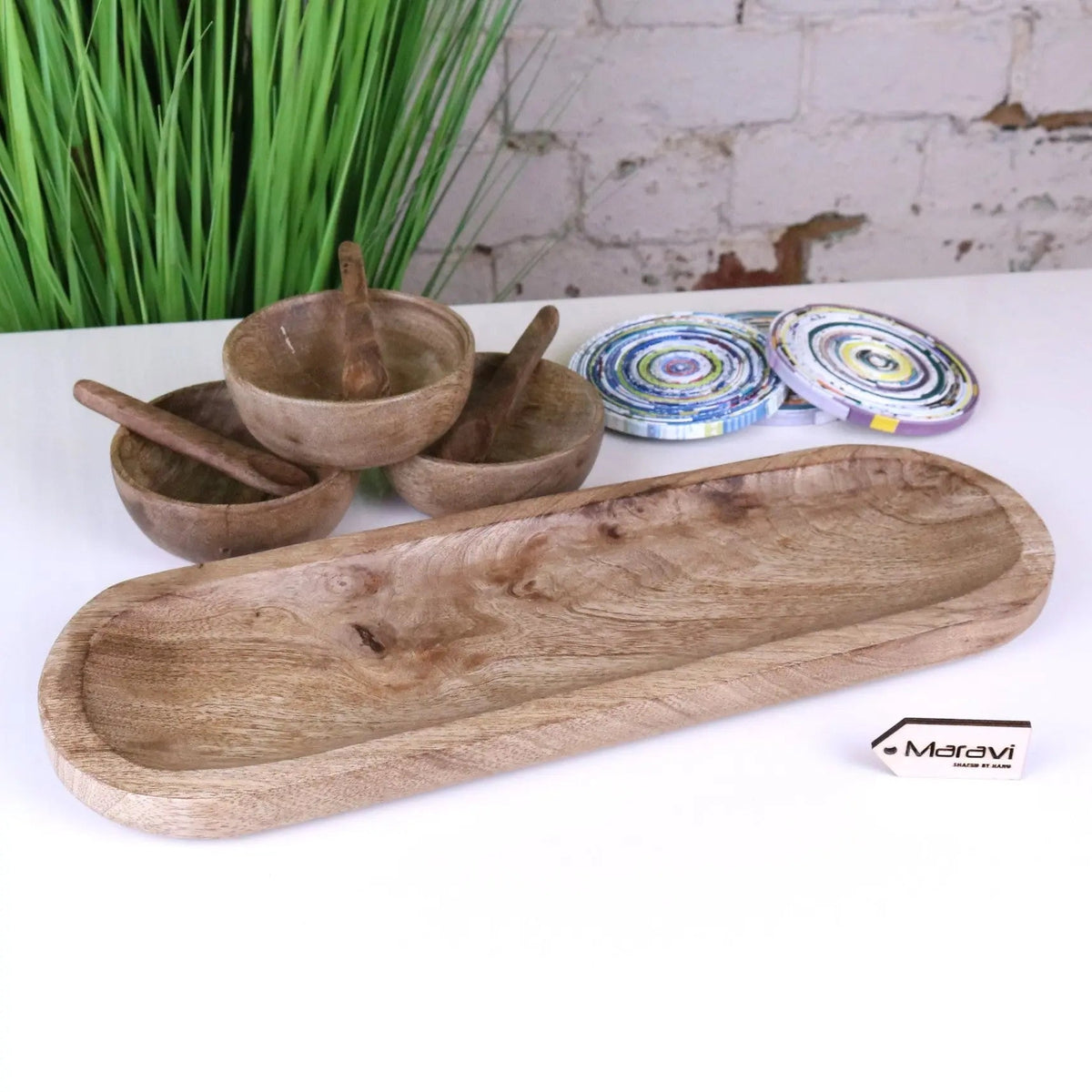 Karuna Mango Wood Serving Bowls & Tray — Set of 3