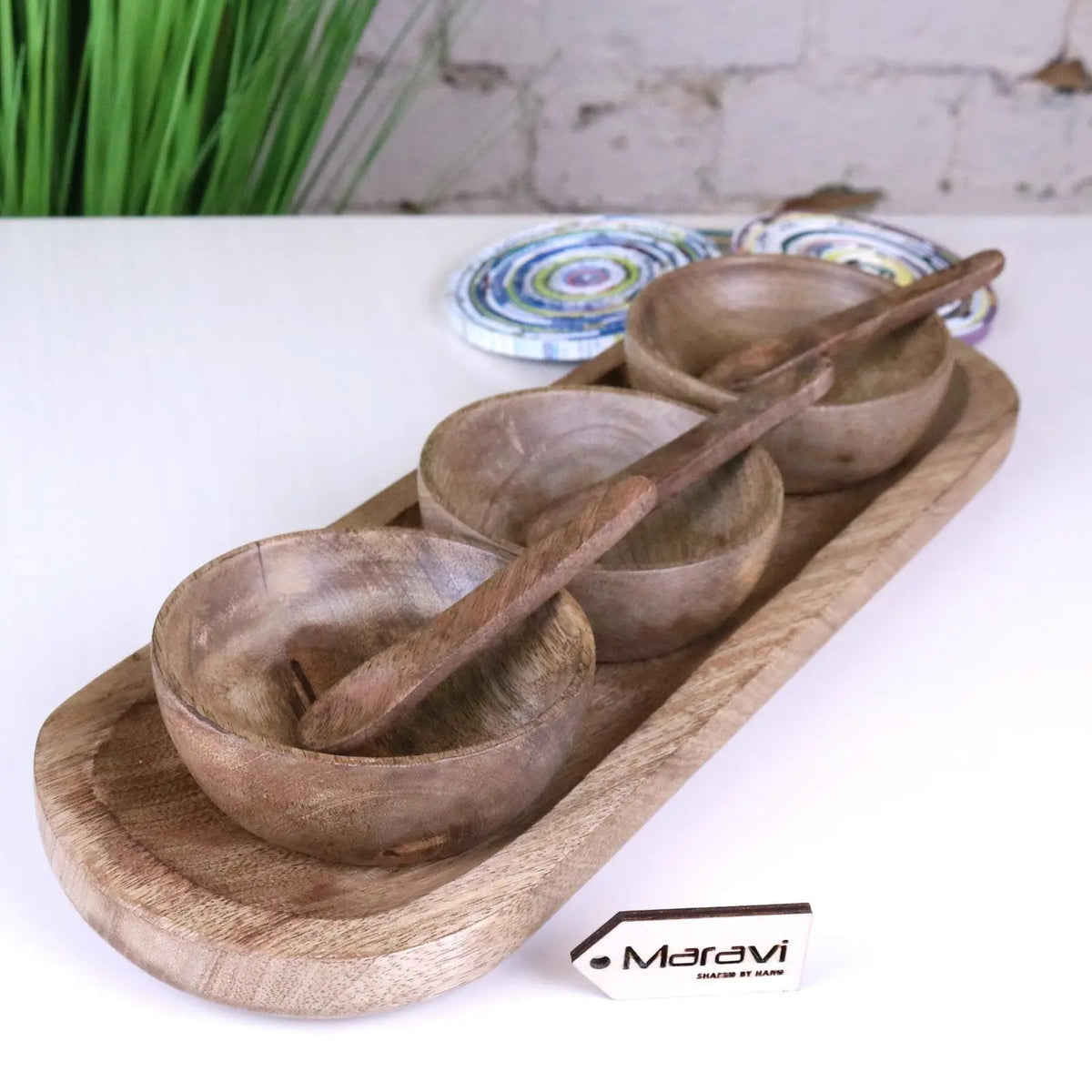 Karuna Mango Wood Serving Bowls & Tray — Set of 3