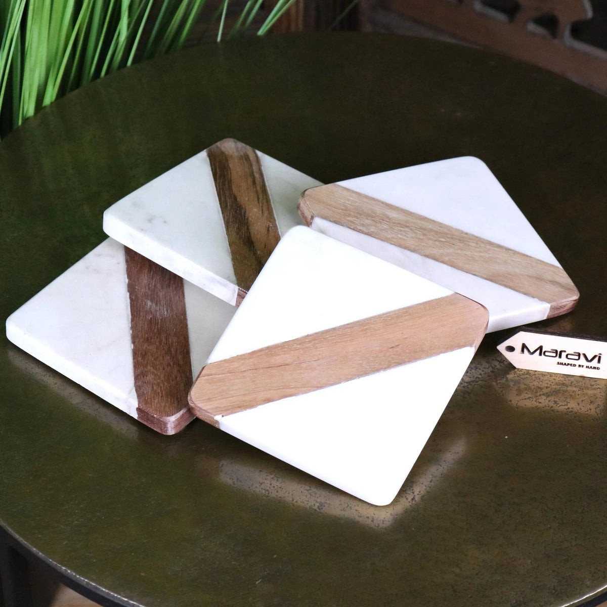 Salya White Marble & Mango Wood Coasters — Set of 4