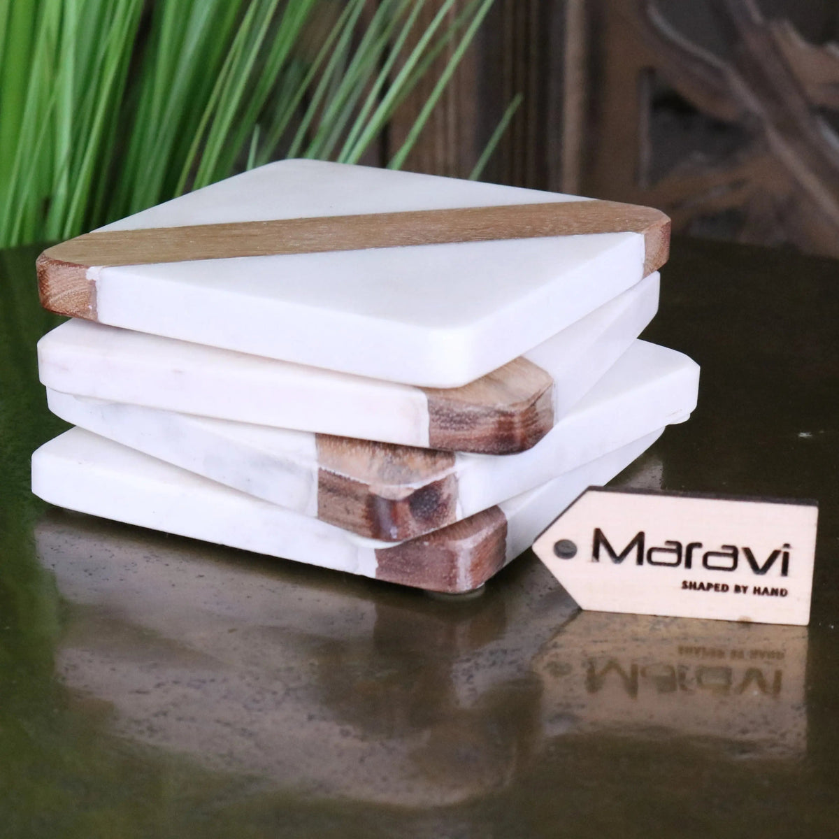 Salya White Marble & Mango Wood Coasters — Set of 4