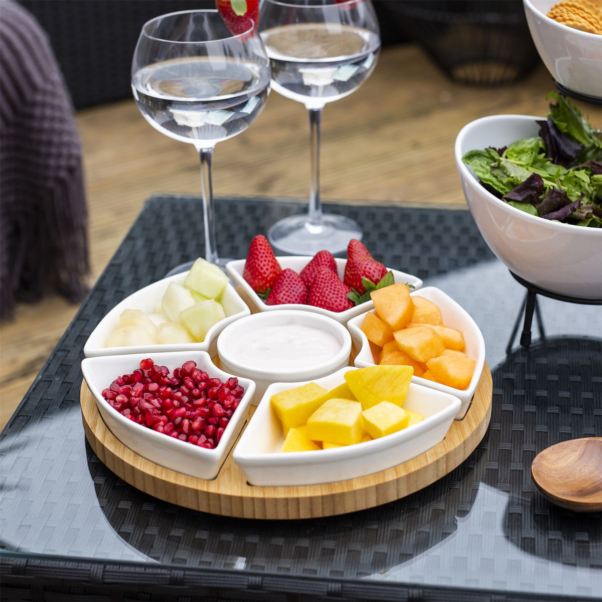 Bamboo Rotating Dip Set — Six Ceramic Bowls