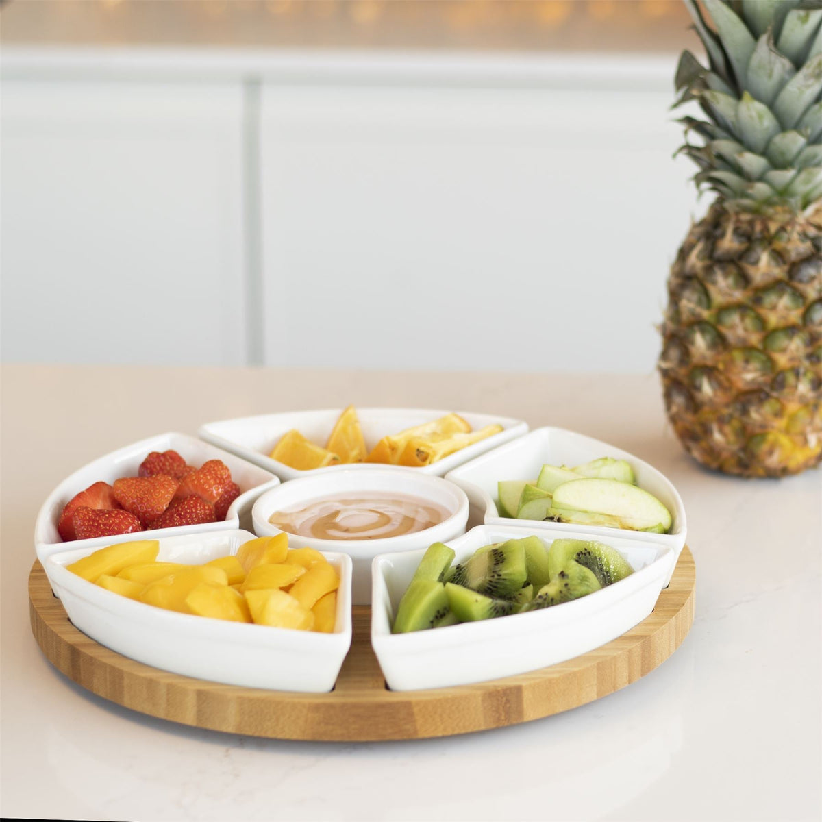 Bamboo Rotating Dip Set — Six Ceramic Bowls