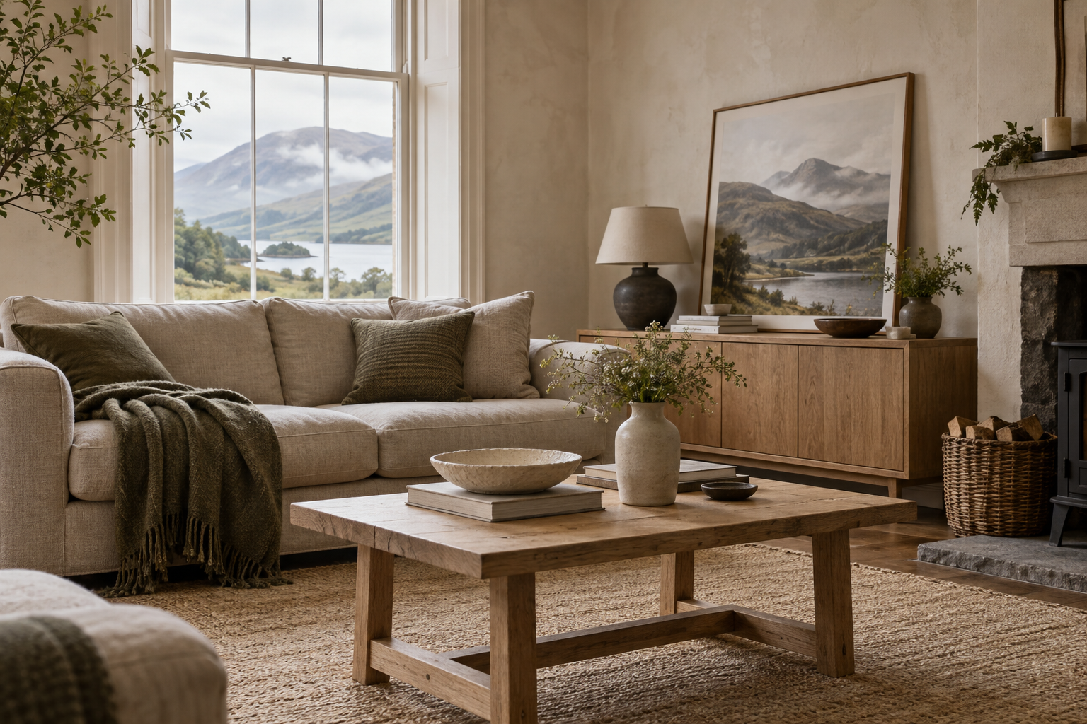 A warm, neutral living room looking out towards a Highland loch and mountains